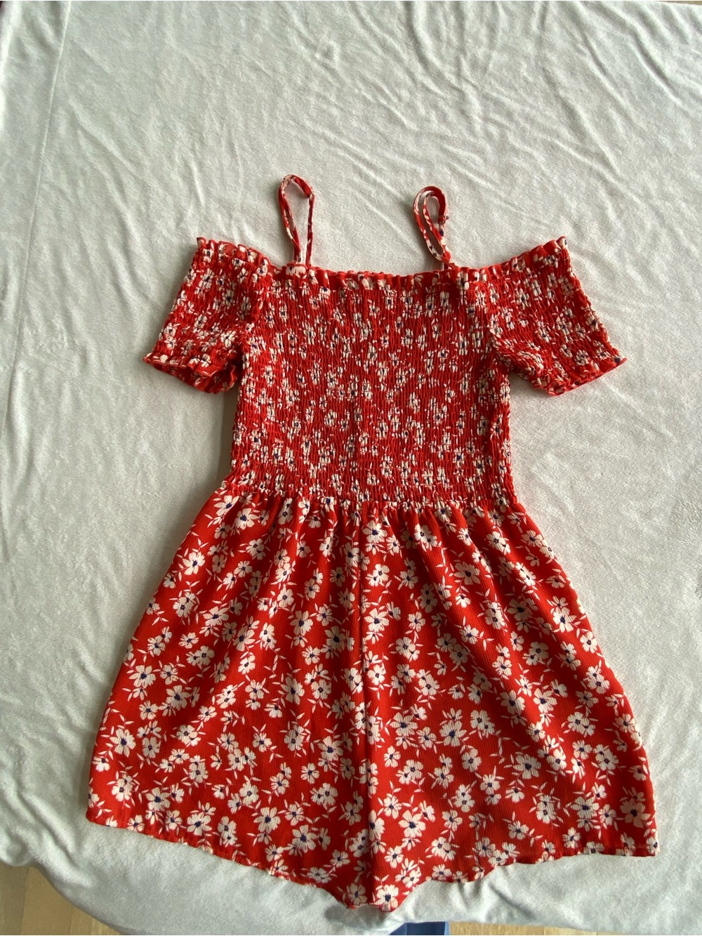Red and White Floral Smocked Off-Shoulder Romper